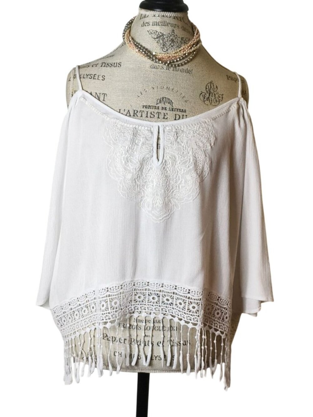 Maurices L Off-Shoulder Top White Boho Fringe Crochet Hippie Bell Sleeves Cowboy